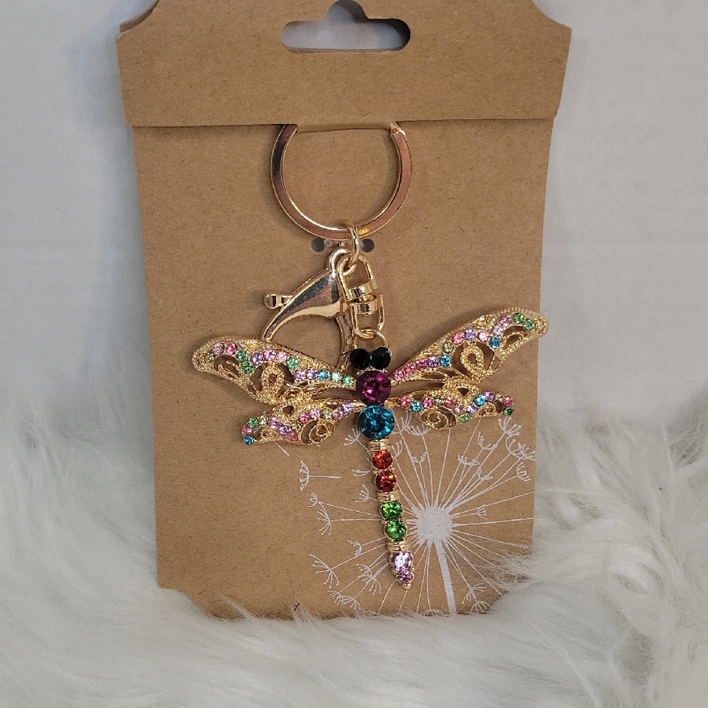 Dragonfly Rhinestone Purse Charm/Keychain Gold Tone‎ Multicolor NWOT